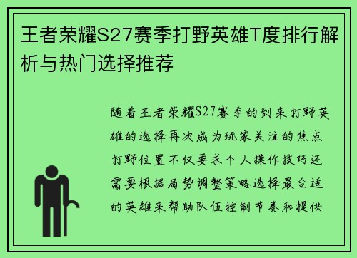 王者荣耀S27赛季打野英雄T度排行解析与热门选择推荐